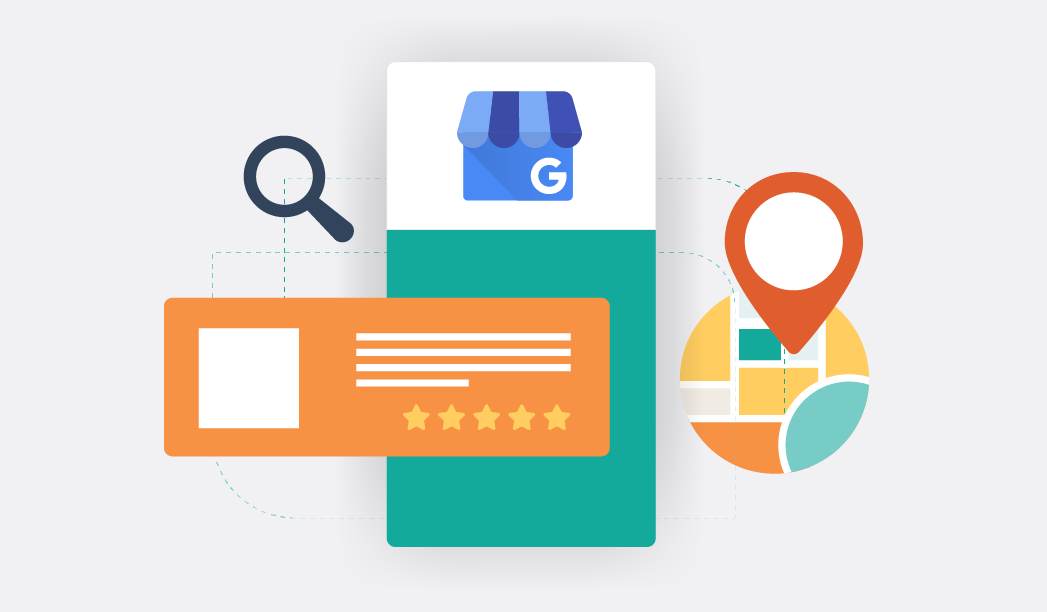 Illustration showing Google Business Profile with location and star ratings