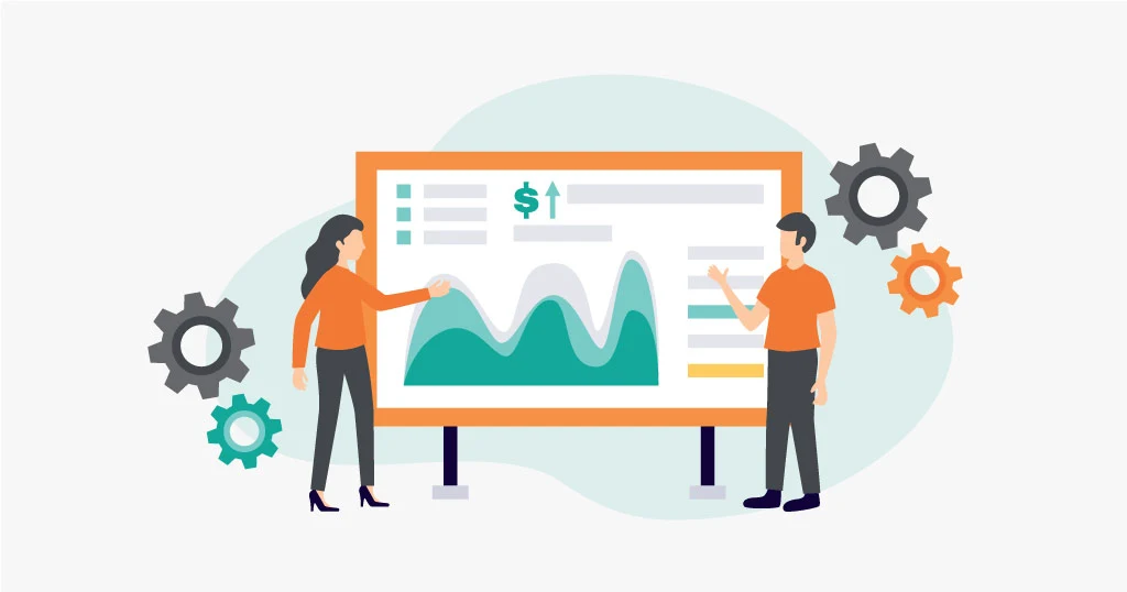 Two professionals discussing SEO performance charts, illustrating SEO strategy and results